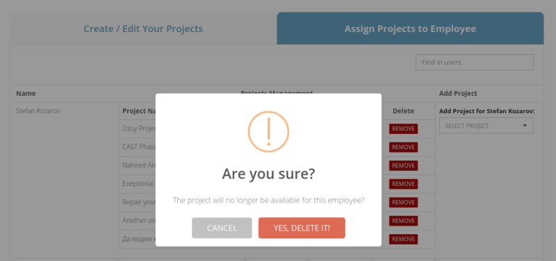 Remove project from employee in SCREENish
