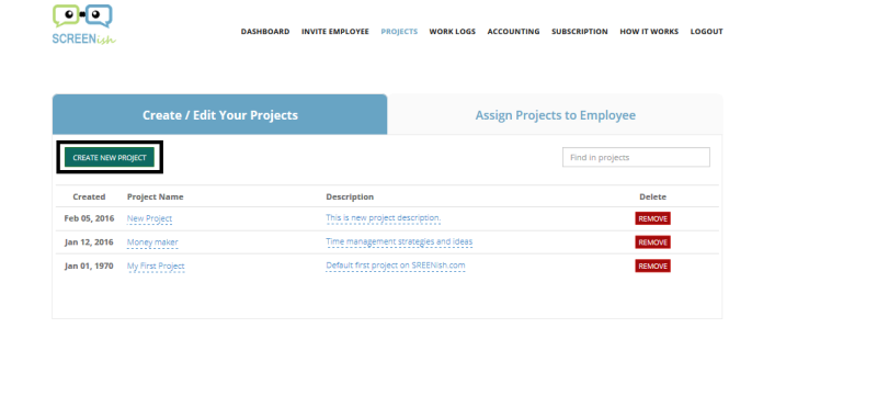 Create and delete projects in SCREENish