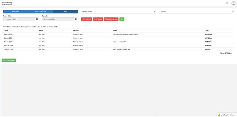 Employee timesheet
