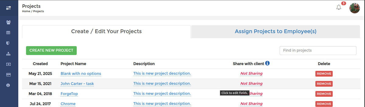 Create / Edit Your Projects tab in SCREENish: inline name and description editing, client sharing and delete