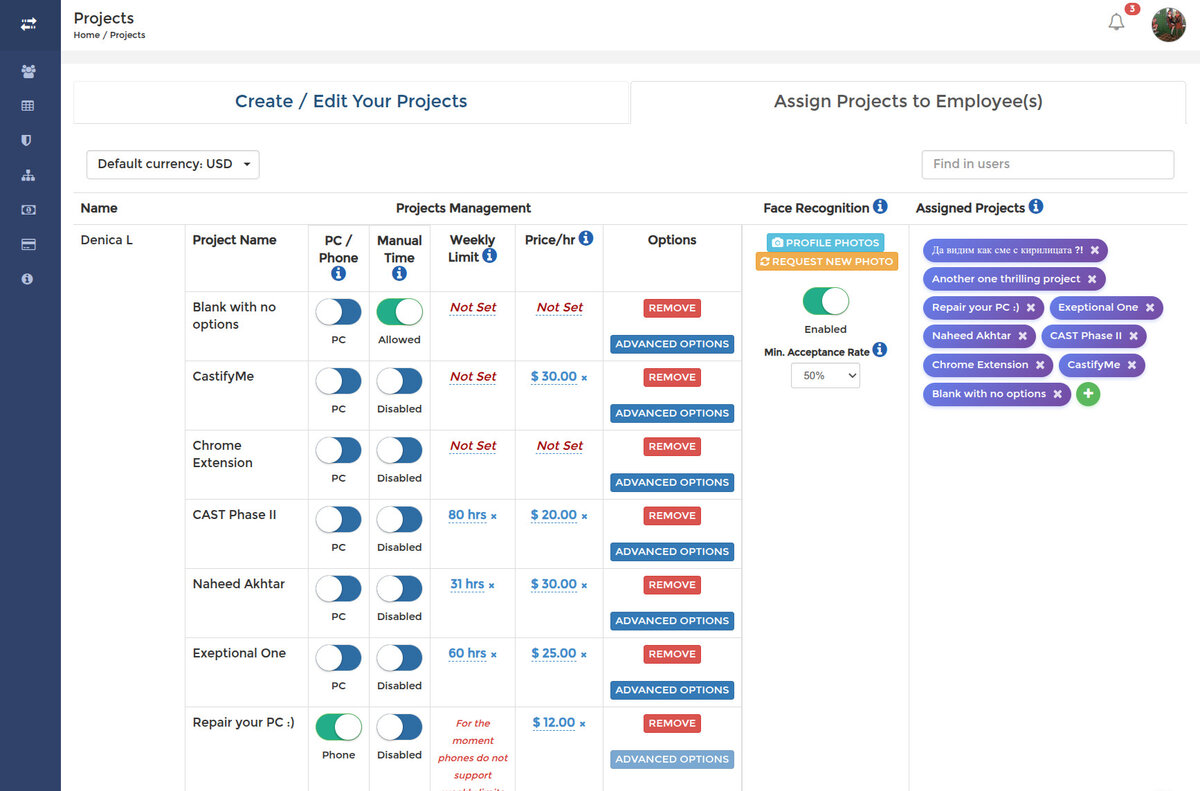 Assign Projects to Employee(s) tab: per-project PC/Phone, manual time, weekly limit and price settings, face recognition column and assigned project pills