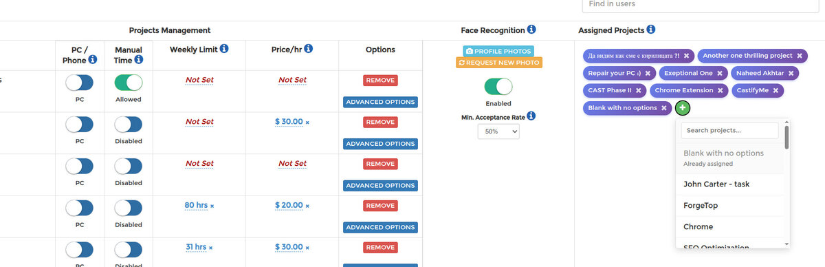 Assigning a project from the green plus button: dropdown with search and already assigned projects grayed out