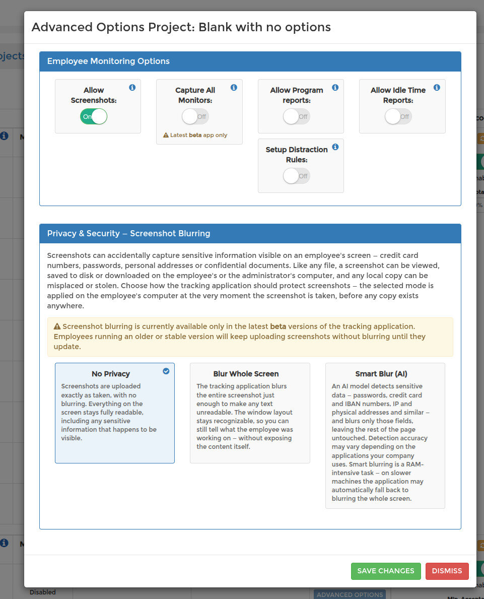 Advanced Options panel: employee monitoring toggles and the screenshot blurring modes