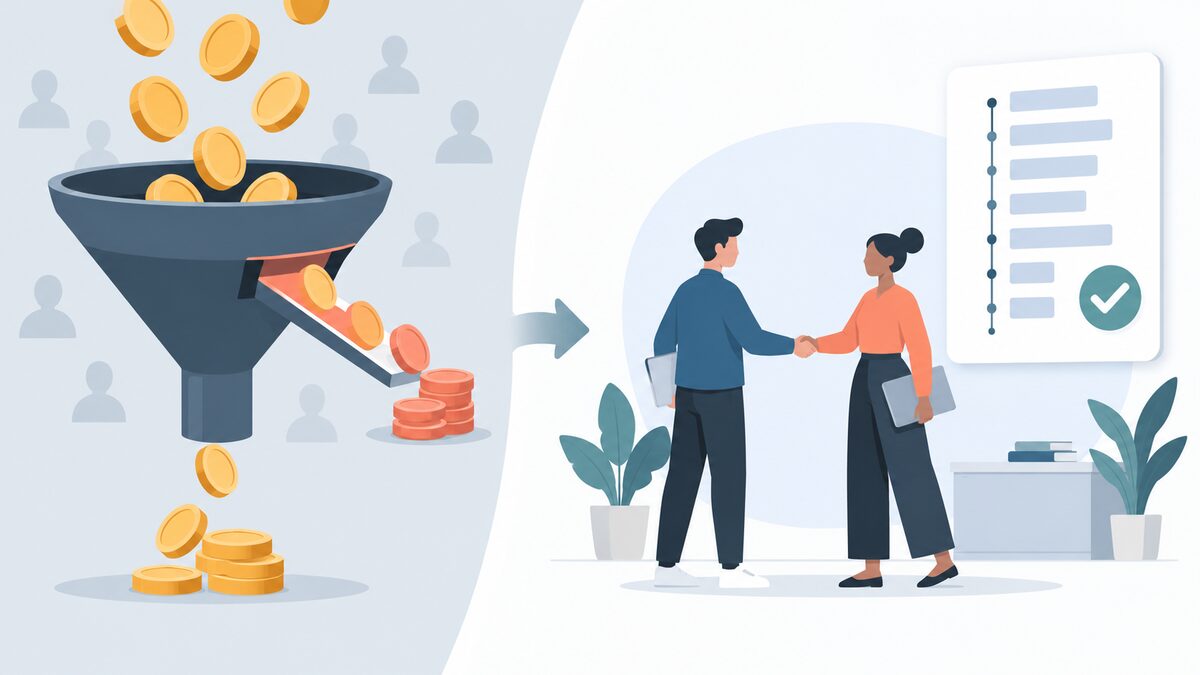 Freelance earnings passing through a marketplace funnel that skims a fee on one side, and a freelancer shaking hands with a client directly beside a verified timeline of tracked work on the other