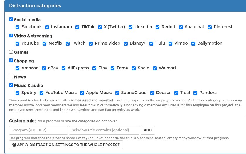The Distraction categories panel with the custom rules row and the apply to project button