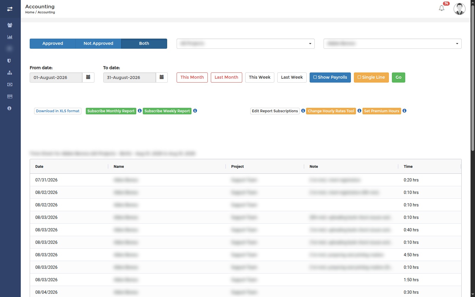 Accounting time sheet with approval filters, date range shortcuts and XLS export for payroll