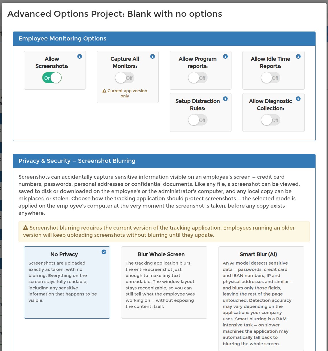Advanced Options dialog: Employee Monitoring Options with the Allow Diagnostic Collection switch