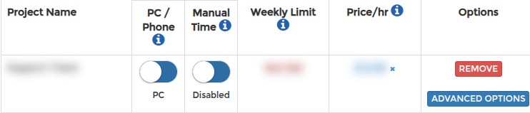 Manual Time toggle next to the PC / Phone device switch in a project assignment row
