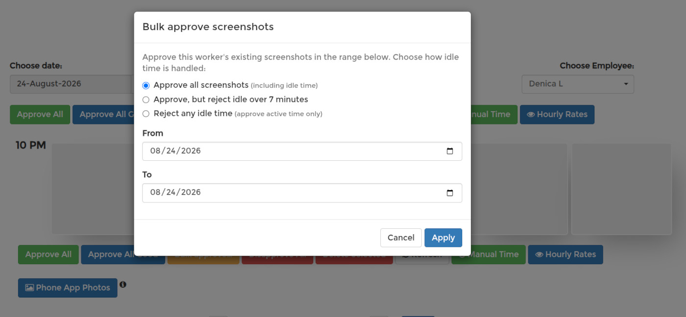 Bulk approve screenshots dialog for one worker: approve all, reject idle over 7 minutes, or reject any idle time, with a From - To date range