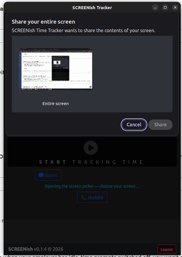 Chrome asks which screen to share when you press Start Tracking Time in the SCREENish extension