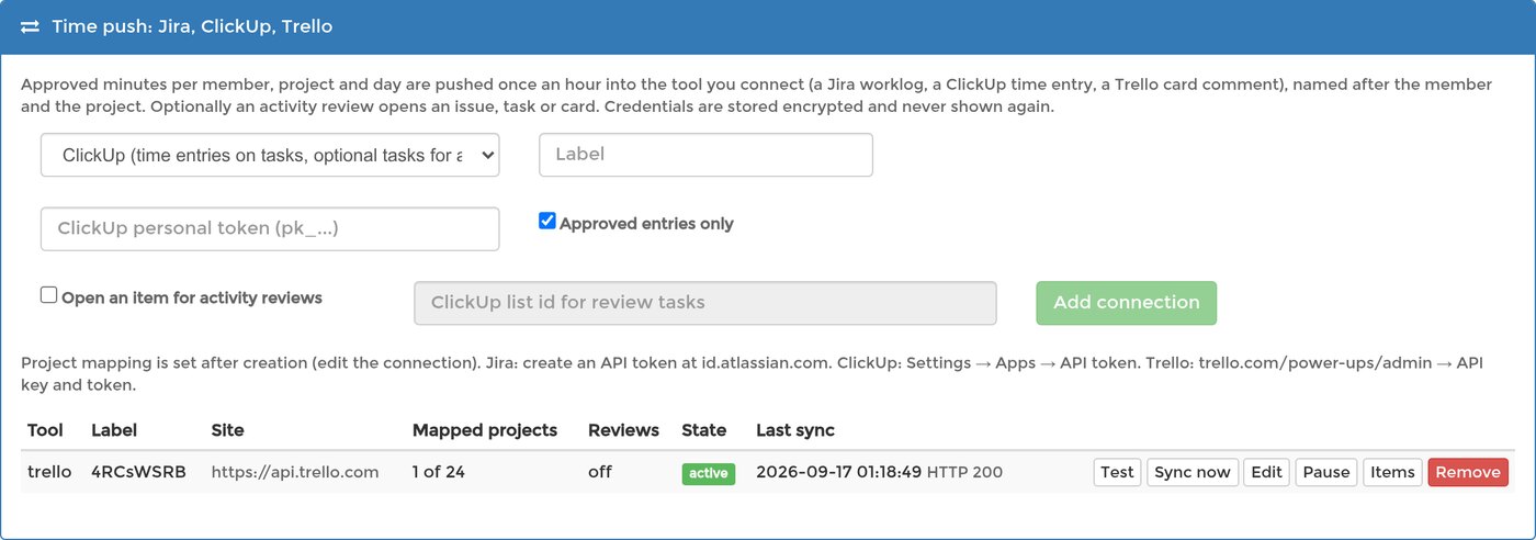 The Time push panel with ClickUp chosen: the personal token field and the list id for review tasks