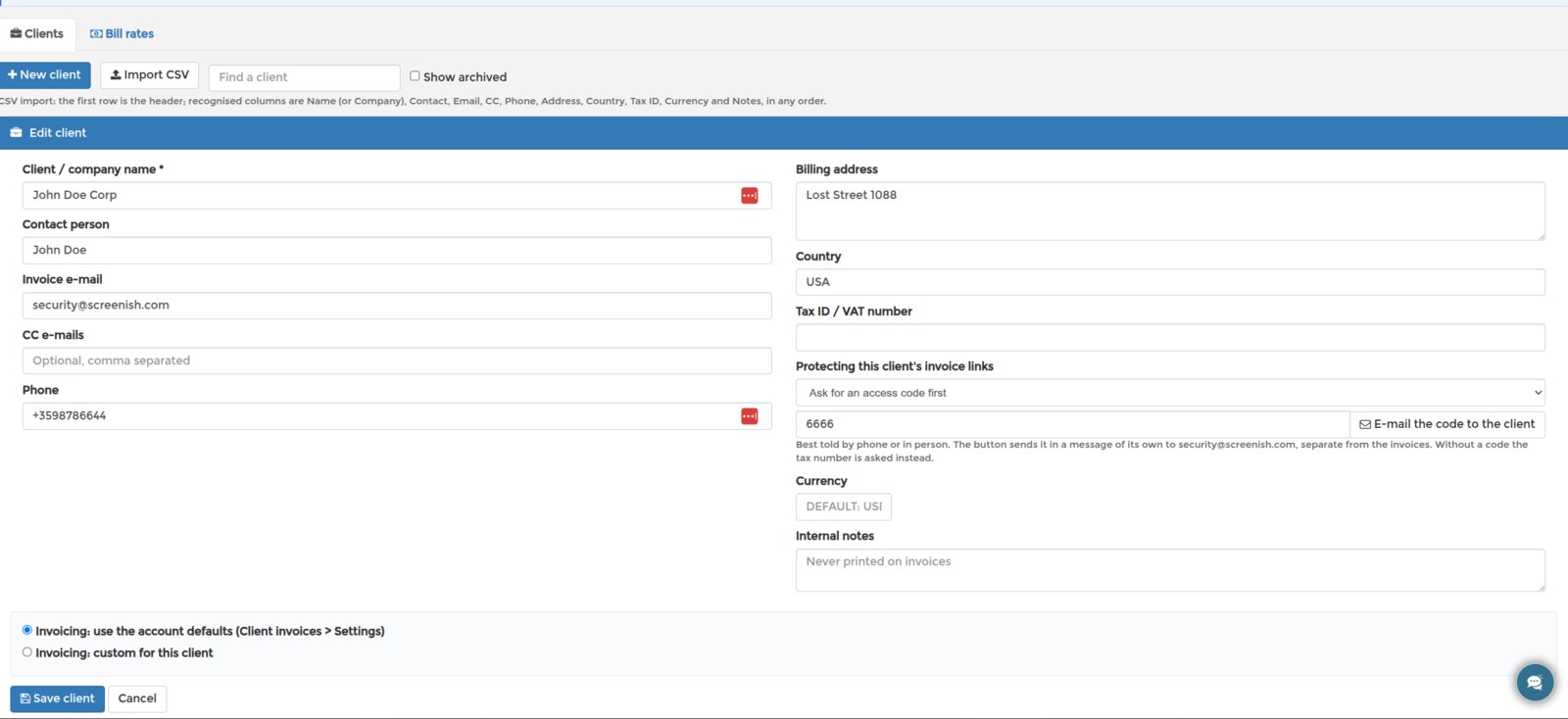 Edit client form: name, contact, invoice e-mail, CC, phone, billing address, country, tax ID, the link protection select with an access code and the E-mail the code to the client button, currency, internal notes, and the default or custom invoicing choice