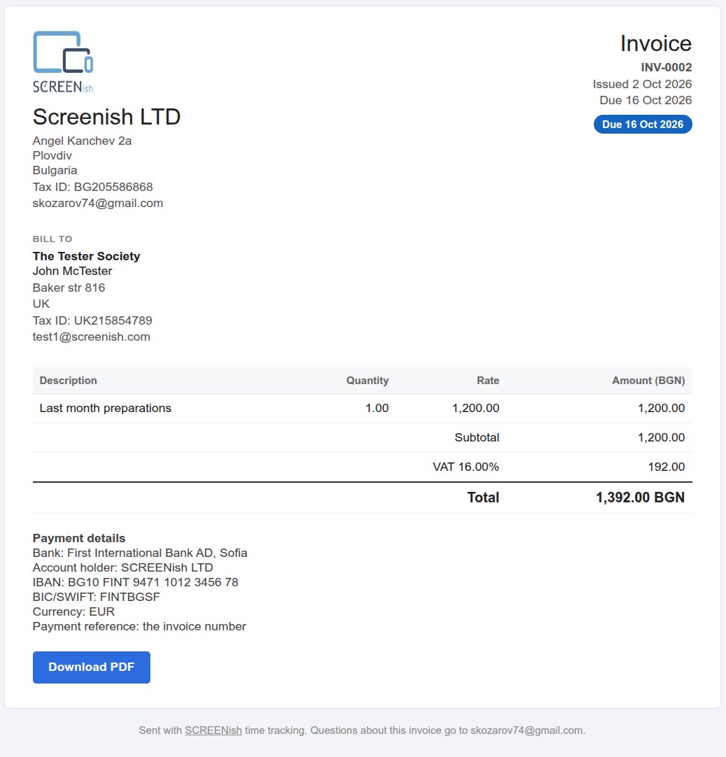 The invoice page the client opens from the e-mail link: your logo and details, Bill to, the lines, subtotal, tax and total, payment details and the Download PDF button