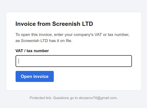 A protected invoice link first asks the visitor for the client's VAT or tax number