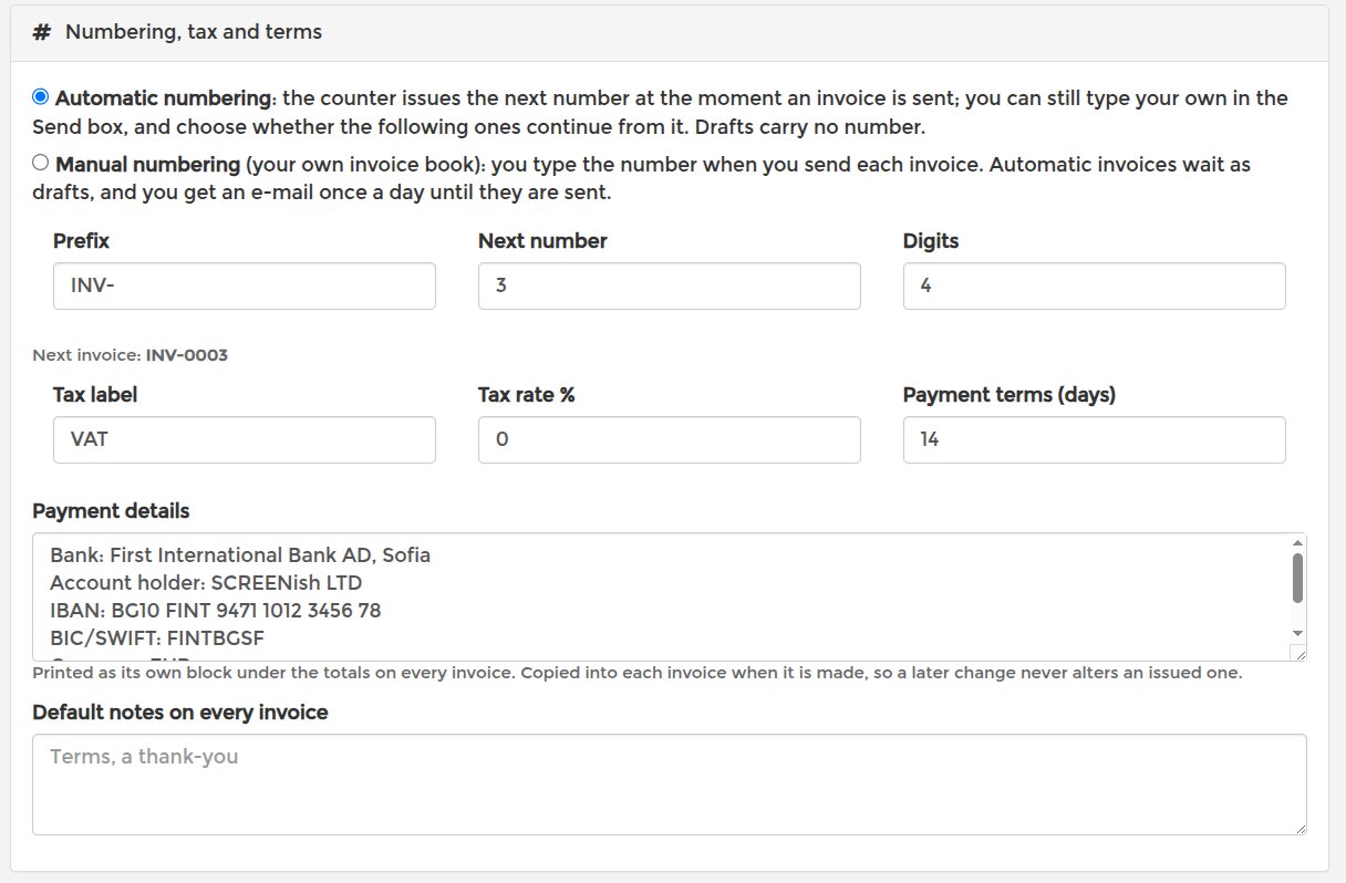 Numbering, tax and terms block: automatic or manual numbering, prefix, next number and digits, tax label and rate, payment terms, payment details and default notes