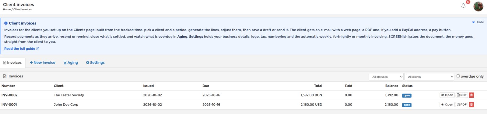 Client invoices page: banner, the Invoices, New invoice, Aging and Settings tabs, and the invoice list with number, client, dates, total, paid, balance, status and the Open, PDF and delete buttons