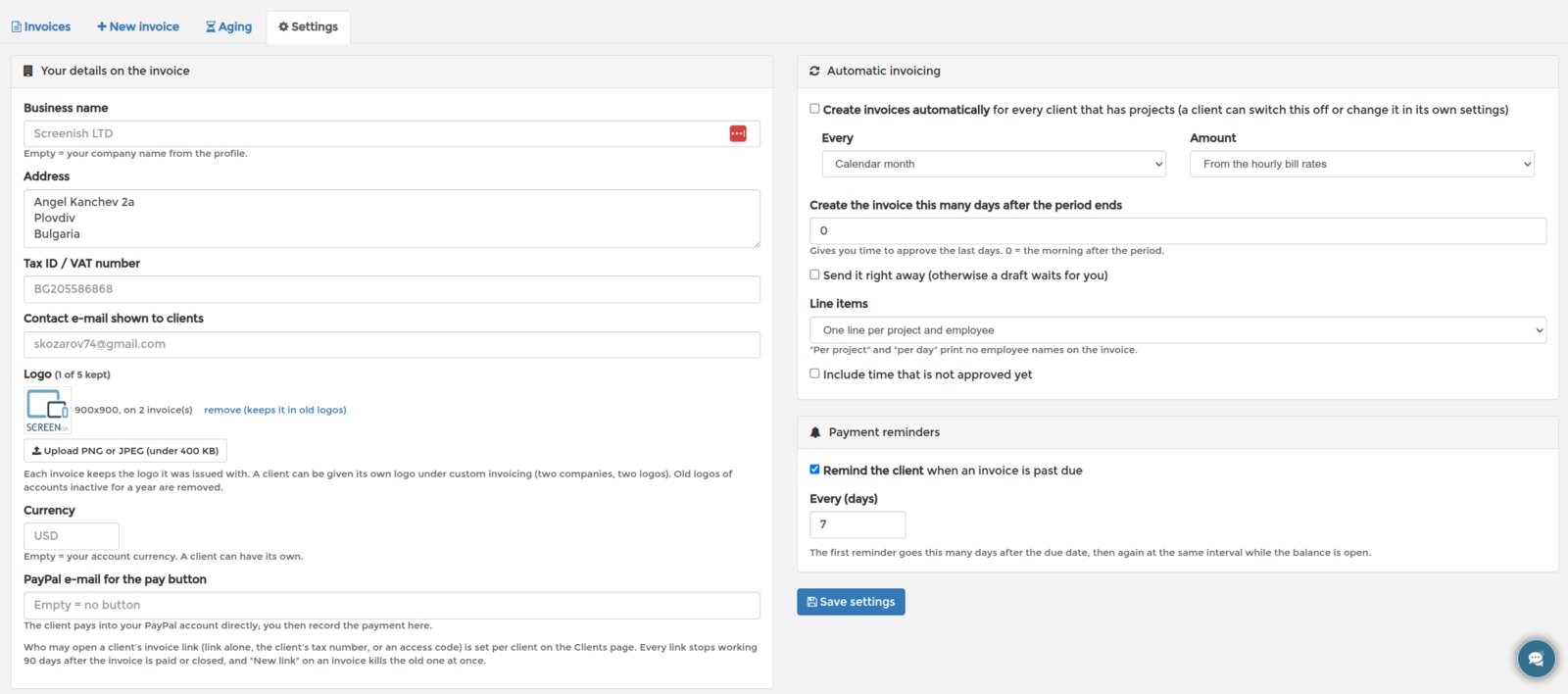 Client invoices Settings tab: your details on the invoice, the logo library, currency, PayPal e-mail, automatic invoicing and payment reminders
