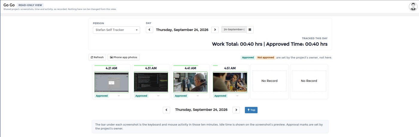 What the client sees: the shared project, one person, one day, the screenshots with their activity bars and Approved marks, the hours tracked that day