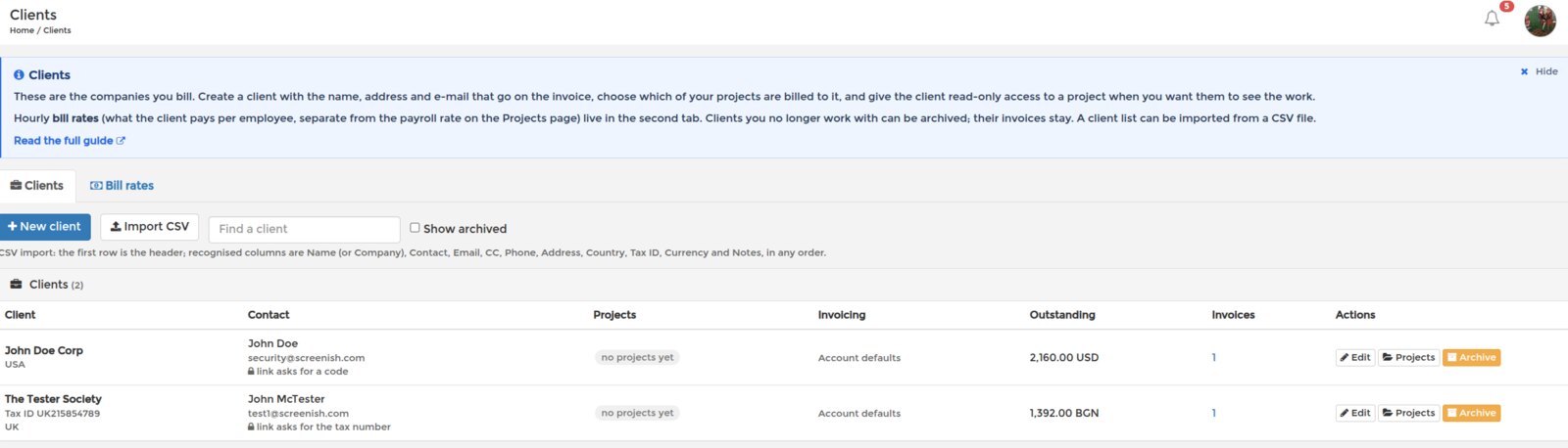 Clients page in SCREENish: the page banner, the Clients and Bill rates tabs, New client, Import CSV, and the client table with contact, projects, invoicing mode, outstanding balance and invoice count