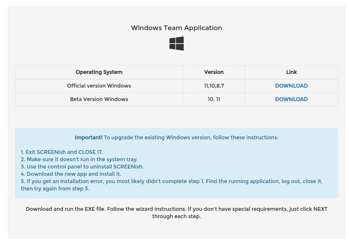 Downloading the SCREENish time tracking app for Windows - official and beta versions