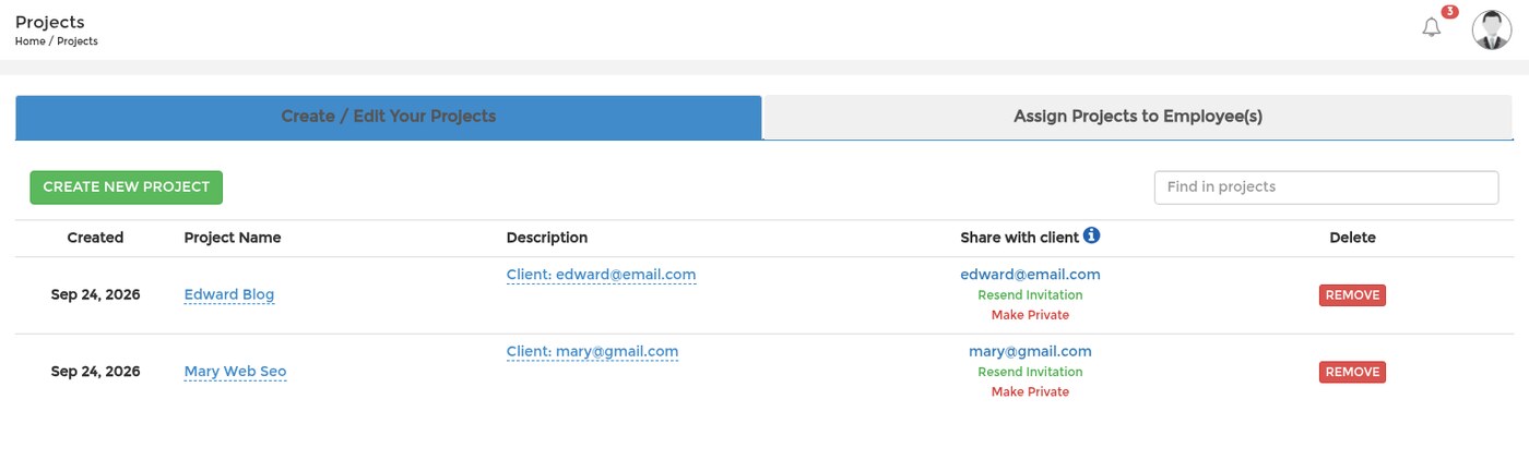 The Projects page with two projects, each shared with a client