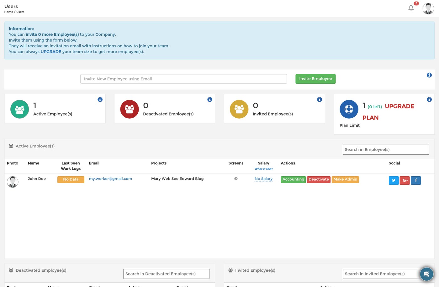 The Users page of a freelancer: one active employee, the tracking login, both projects