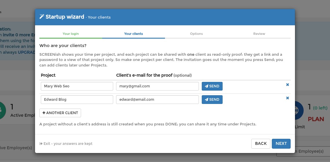 The Your clients step: one project per client with the client's e-mail and a Send button