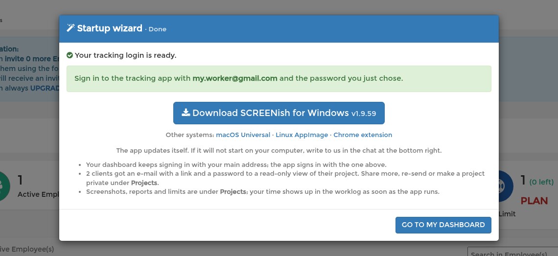 The Done screen: your tracking login is ready, with a Download SCREENish for Windows button