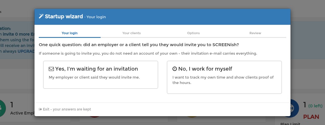The wizard asks: did an employer or a client tell you they would invite you to SCREENish?