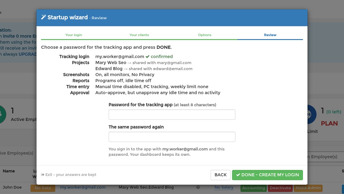 The review step with the tracking login, the projects, the options and two password fields
