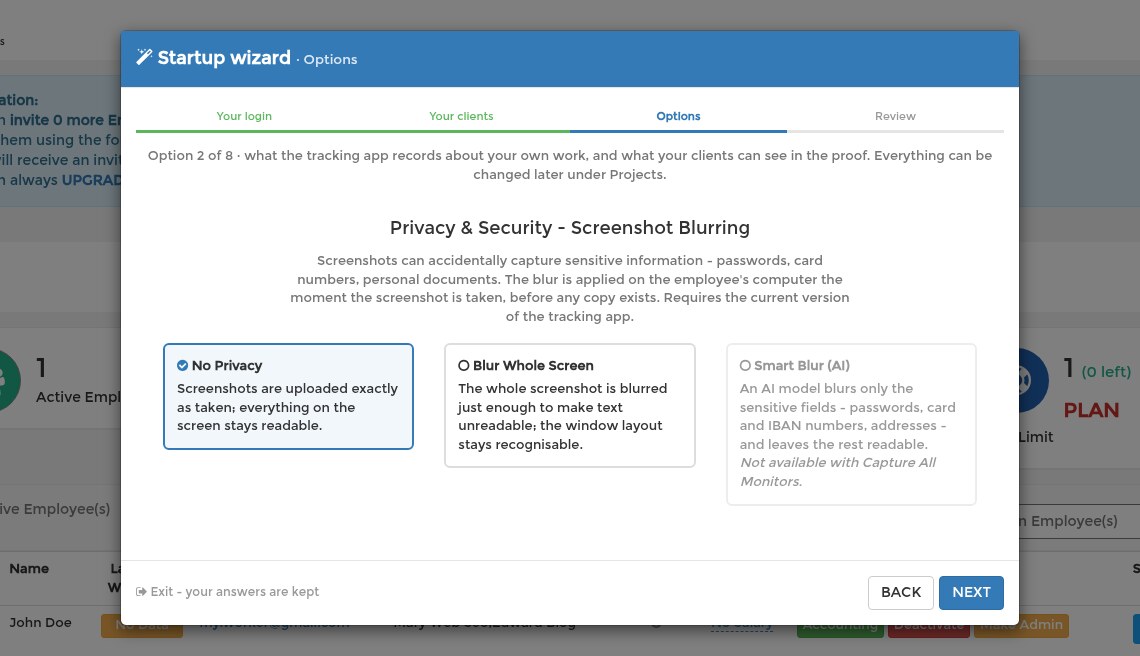 Option 2 of 8: screenshot blurring, from no privacy to smart blur