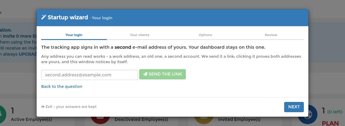 The wizard asks for a second e-mail address for the tracking app