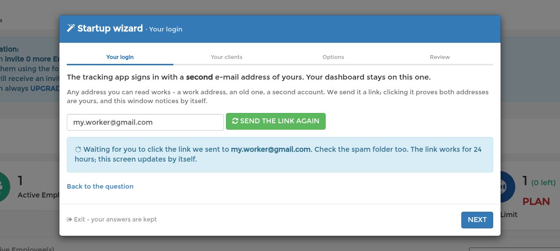 The wizard waits for the click on the confirmation link sent to the second address