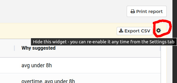 Gear icon that hides a Team Overview widget; it can be re-enabled any time from the Settings tab
