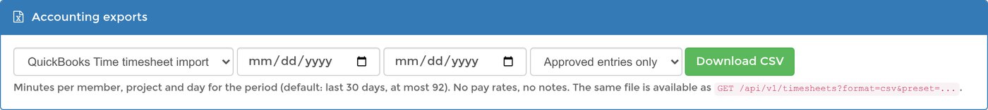 The accounting exports panel: layout, period and approved-only choices above the Download CSV button