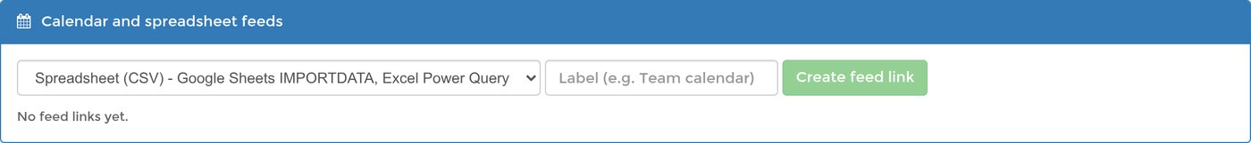 The feeds panel with Spreadsheet (CSV) chosen for Google Sheets IMPORTDATA and Excel Power Query