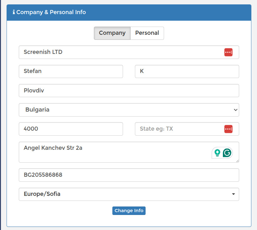 Company and Personal Info form in the SCREENish profile where the company name, address and VAT ID printed on invoices are set