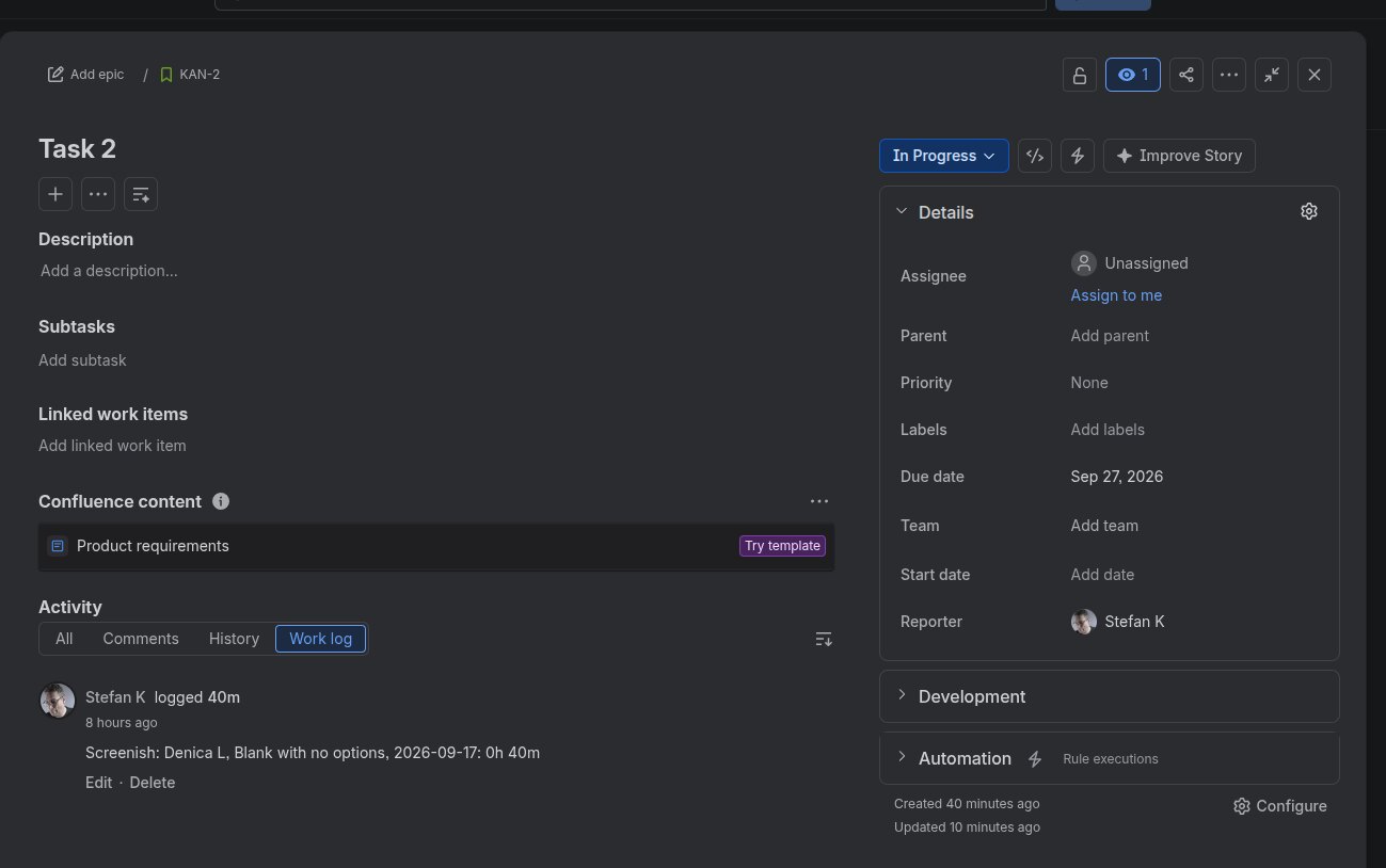 A Jira issue's Work log tab showing 40m logged with the comment naming the member, the project and the day