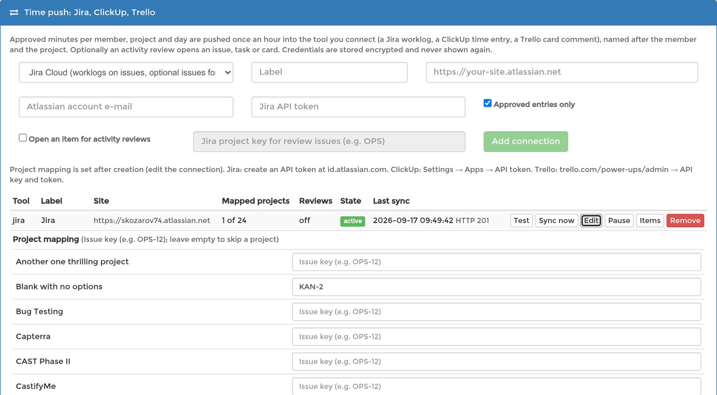 Project mapping editor: each SCREENish project next to a field for its Jira issue key, with one project mapped to KAN-2
