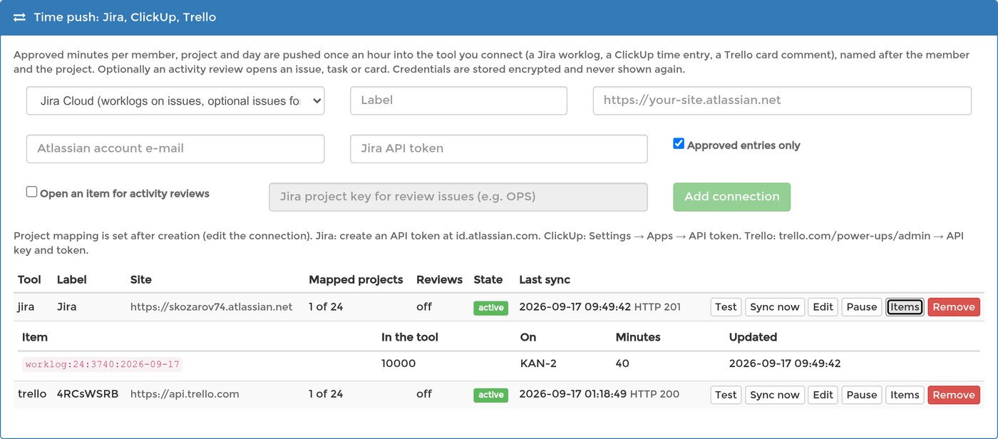 The Items list under a Jira connection showing one pushed worklog with its minutes, the issue it went to and when it was updated
