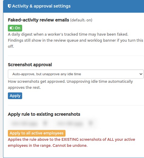 Apply rule to existing screenshots section with a date range and the Apply to all active employees button