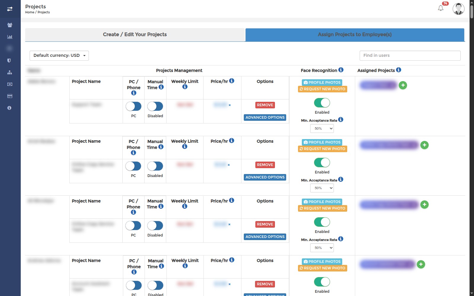 Per-employee project assignments with device, manual time, weekly limit, hourly rate and monitoring options