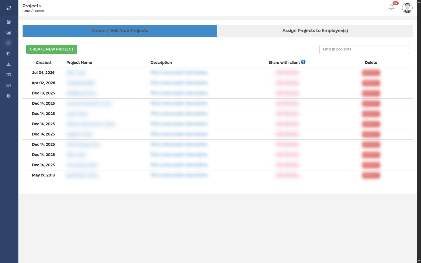 Create / Edit Your Projects tab in SCREENish with the Create New Project button and the project list