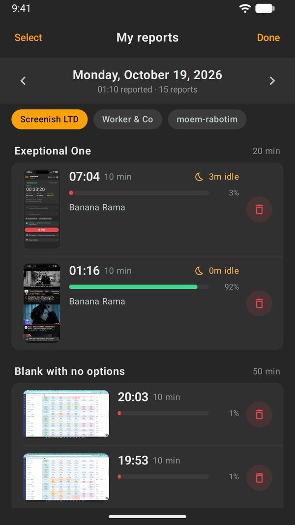 SCREENish Android app, My reports: one day of 10-minute reports, each with its screenshot, idle minutes and activity percentage, with arrows to move between days