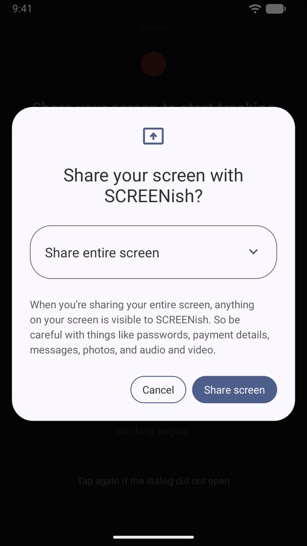 Android's own dialog asking Share your screen with SCREENish?, with the Share entire screen option, shown by the SCREENish Android app before tracking starts