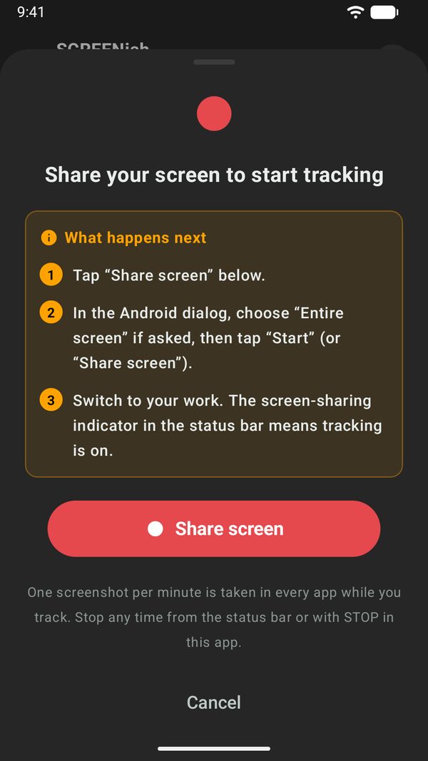 SCREENish Android app, the Share your screen to start tracking sheet with the three steps under What happens next and the red Share screen button