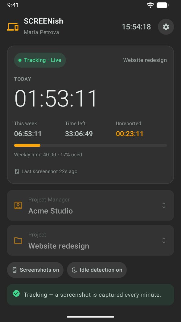 SCREENish Android app while tracking: Tracking · Live, TODAY timer at 01:53:11, Unreported 00:23:11, Last screenshot 22s ago, labels Screenshots on and Idle detection on, and the note that a screenshot is captured every minute