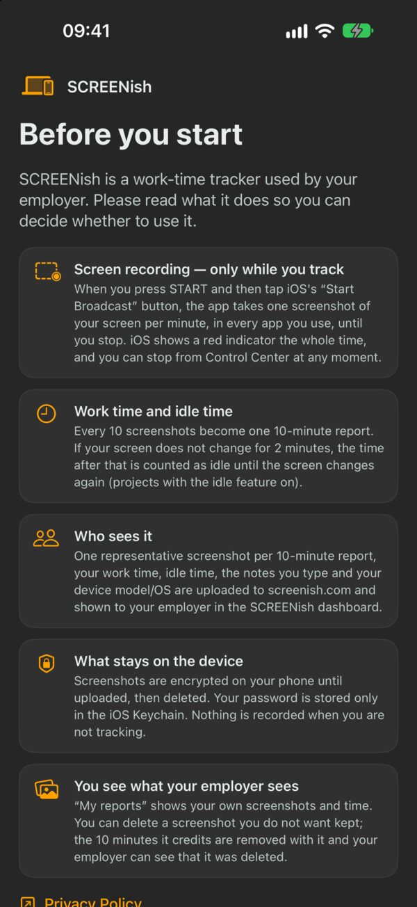 SCREENish iPhone app, the Before you start screen: five short points on screen recording, work and idle time, who sees it and what stays on the device, with the consent checkbox and the Continue button