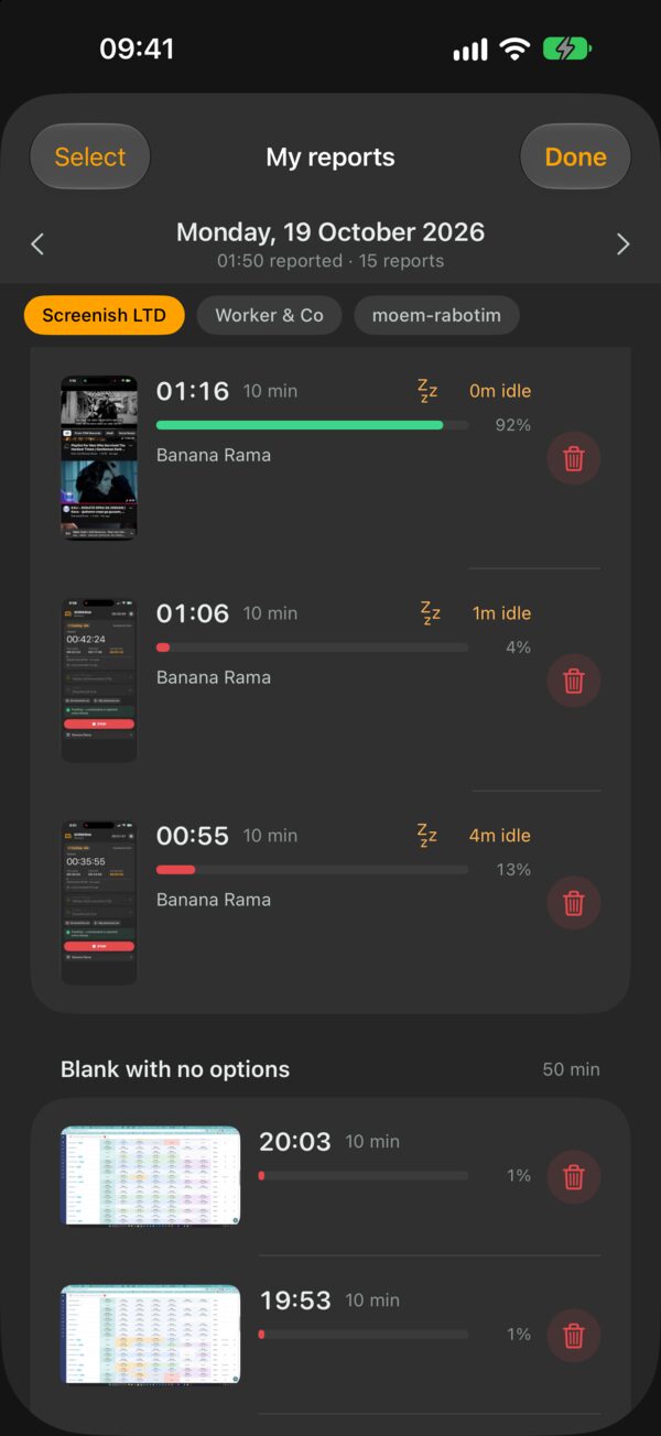 SCREENish iPhone app, My reports: one day of 10-minute reports, each with its screenshot, idle minutes, activity percentage and a delete button, and tabs for three employers at the top
