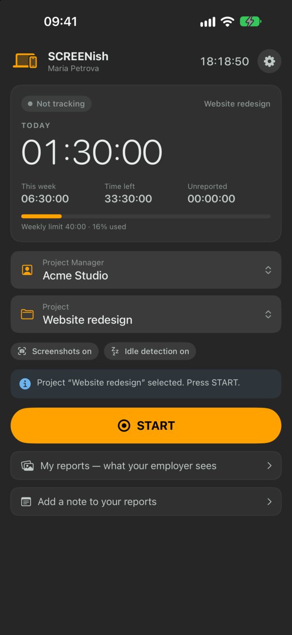SCREENish iPhone app main screen: TODAY timer at 01:30:00, This week, Time left and Unreported, a Weekly limit bar, Project Manager Acme Studio and Project Website redesign with the labels Screenshots on and Idle detection on, the START button, My reports and Add a note to your reports